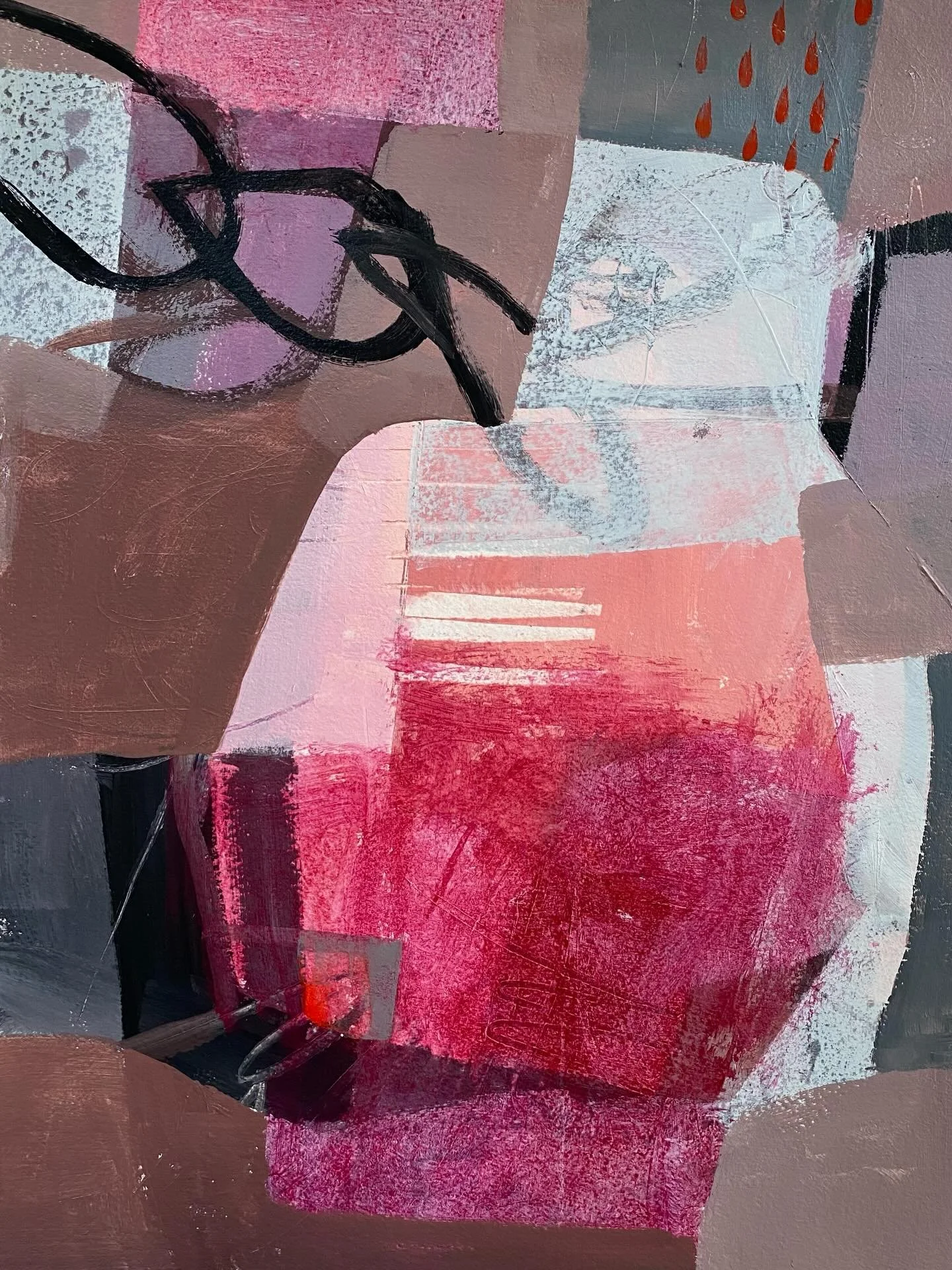 Sometimes limits lead to freedom. I used a palette of two reds, black and white and a touch of Indian yellow. The first painting is an abstract play with these colours and the second a still life. I really got to grips with the range you can make eve