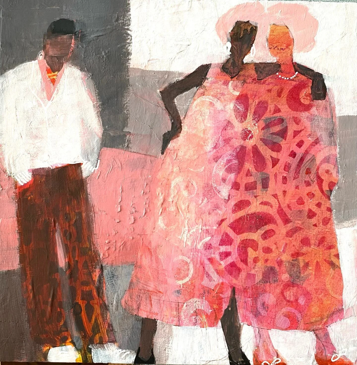 Scroll through to see how this was made. I started with broad washes of Naphtol red and Indian yellow. Then I stencilled and put collage down and used some light pink. Then I was ready to see what I could find. I&rsquo;m really enjoying finding the f