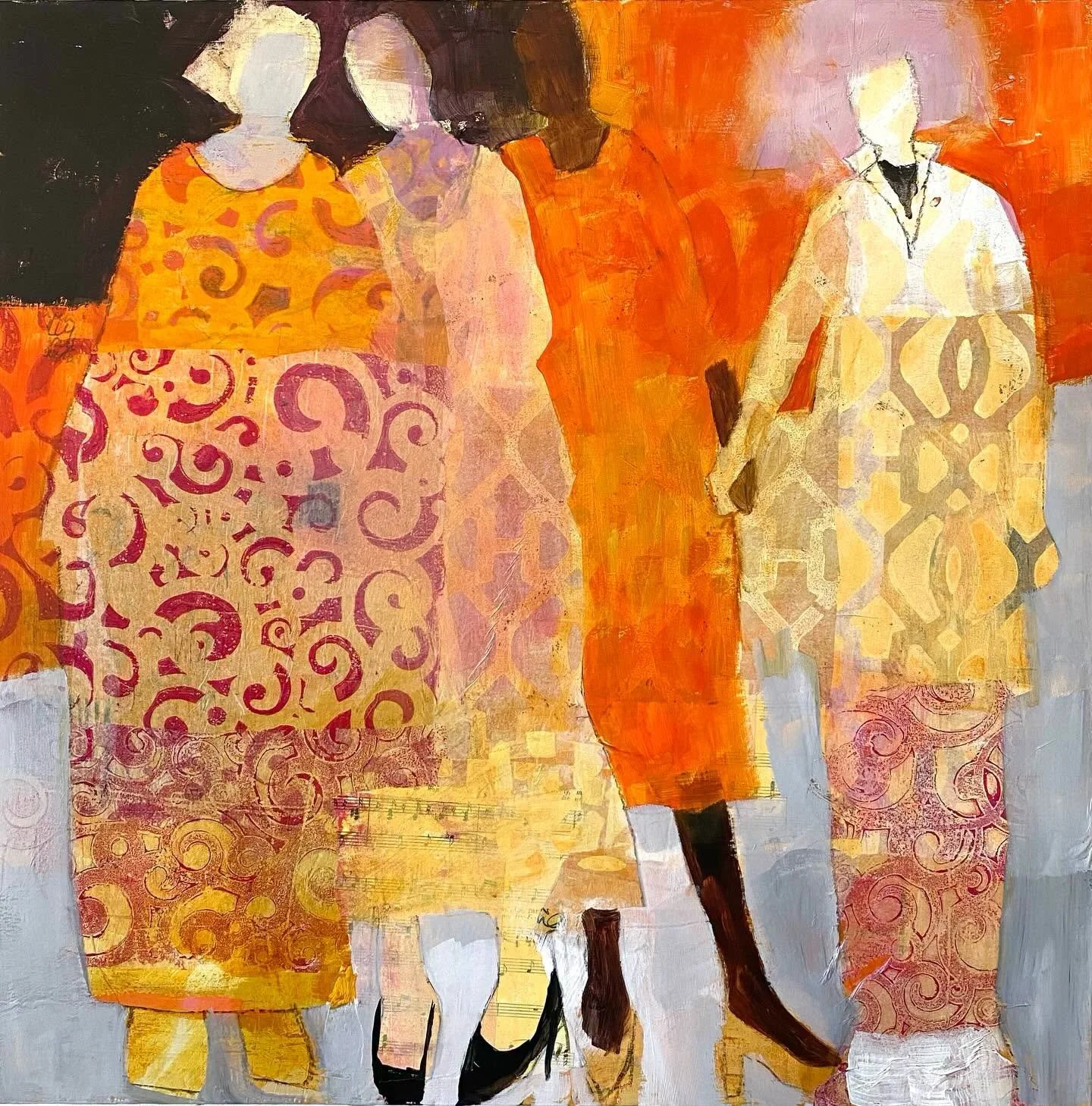 Here they are again. The four. This time I wanted orange grey and black. It&rsquo;s not quite finished. The back ground is layers of tissue papers that I have stencilled and then trying not to define the figure edges so much but to leave them vague #