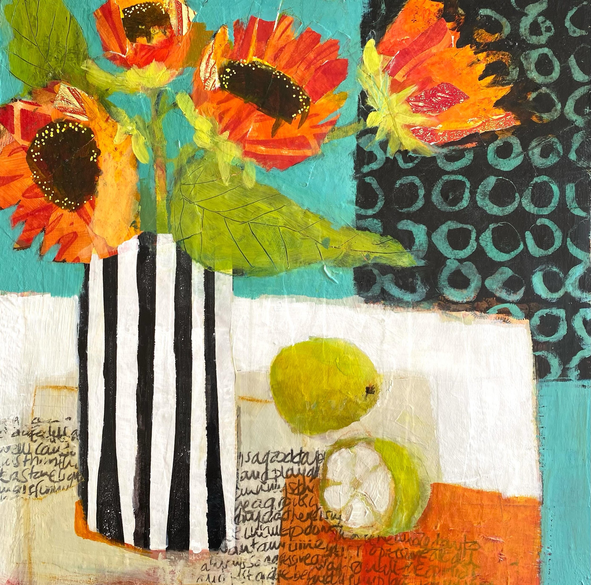 I have been meaning to paint these Sunflowers for ages and in the end I didn&rsquo;t paint them I collaged them. #sunflowers #acrylicandcollage #acrylicsunflowers #blackwndwhitevase #stilllifeacrylicpainting