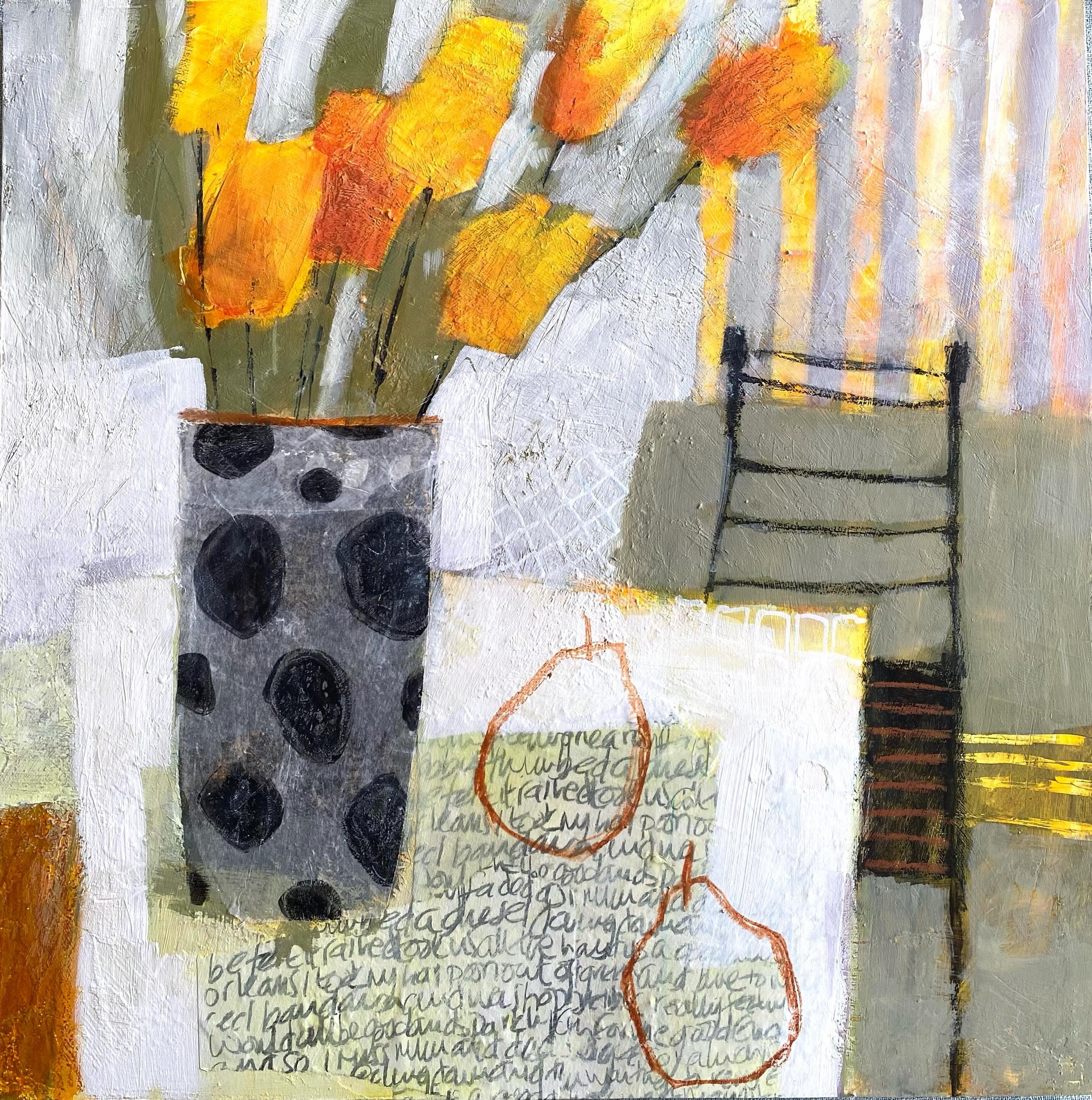 Just in the last moment I added these black spots to the vase by using tissue paper with the spots stencilled onto them. I also added the pears in line. I was doing what makes me happy I suppose #blackspots #dowhatmakesyouhappy #acrylicstilllife #yel