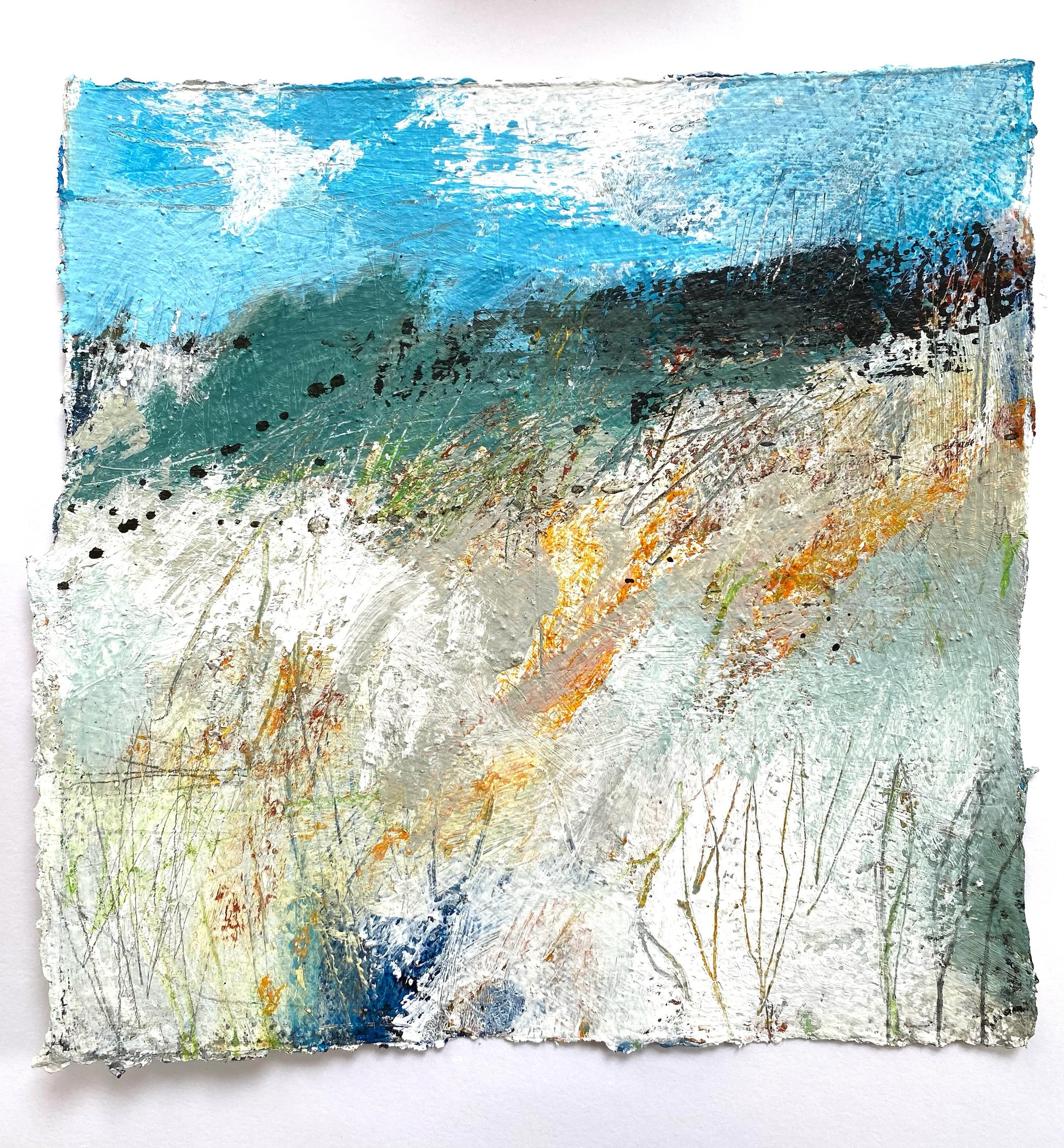 I just needed some landscape today. Scratchy , scraped marks in lots of paint. The tangle of grasses and hedgerow. Acrylic paint gets a good feel about it when you pile it on. #scratchymarks #scratchygrasses #acryliclayers #inthefields #grasstextures