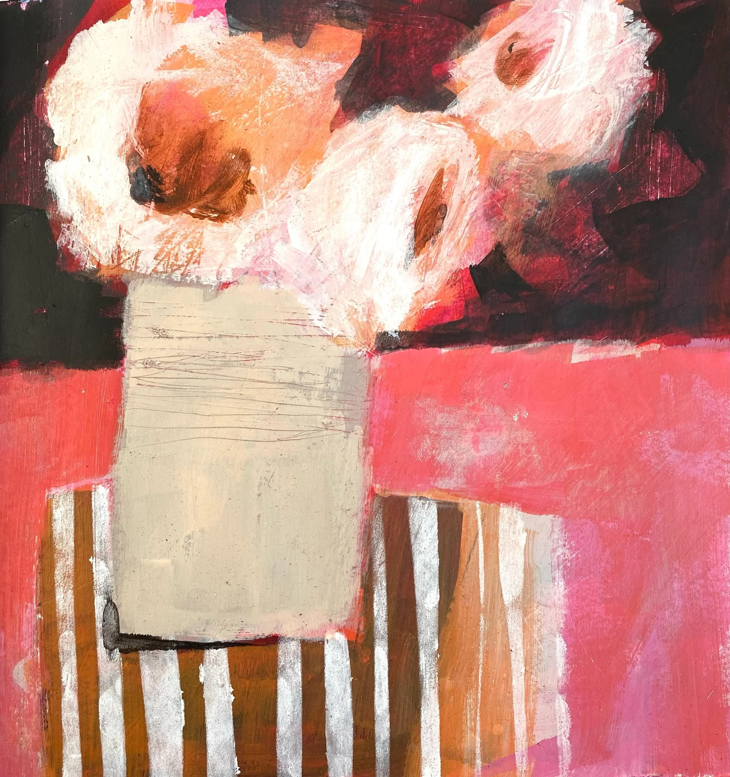 It&rsquo;s so hot in my cabin so I just did a quick sketch this morning. Hot colours, cad red light, magenta, yellow ochre , black and white make a good palette with some soft oranges and pinks. #roses #rosesketch #acrylicsketchbook #whitestripes #ac
