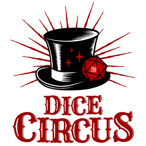 A black top hat with red accents, surrounded by red lines resembling rays. Next to the hat, there is a red 20-sided die. Below, the text reads "Dice Circus" in bold, red letters.