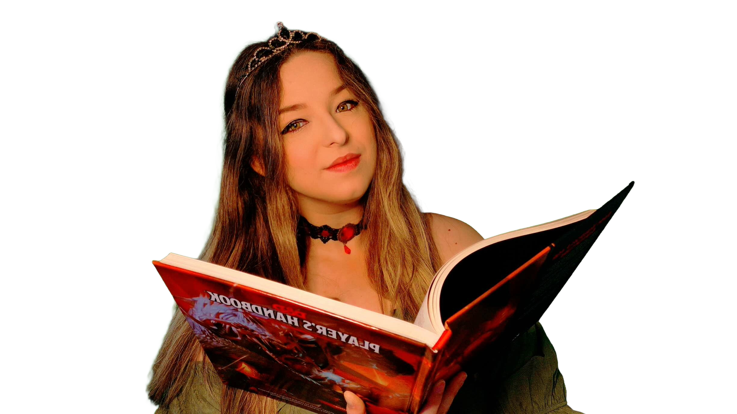 Young woman with long hair, wearing a tiara and black choker, holding a large book titled 'PLAYER'S HANDBOOK', against a black background.