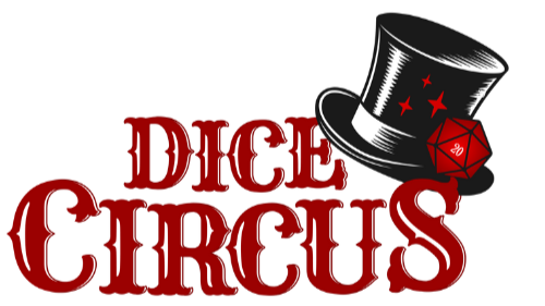 Logo for Dice Circus featuring a top hat and a red die, with the text 'DICE CIRCUS' in bold red letters.
