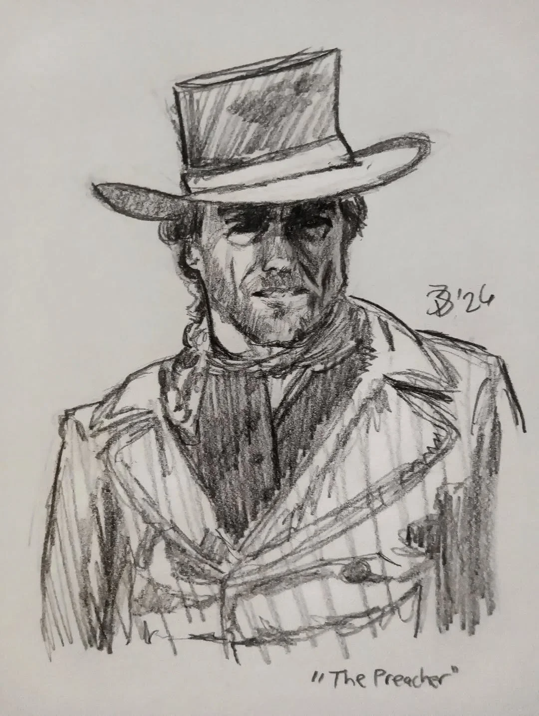 Just a quick sketch of Clint Eastwood as The Preacher from "Pale Rider." Because why not? Also, heard he's finally retiring from movie making at, get this, 96 years old. What an amazing career... From Rawhide 70 years ago till now. What was