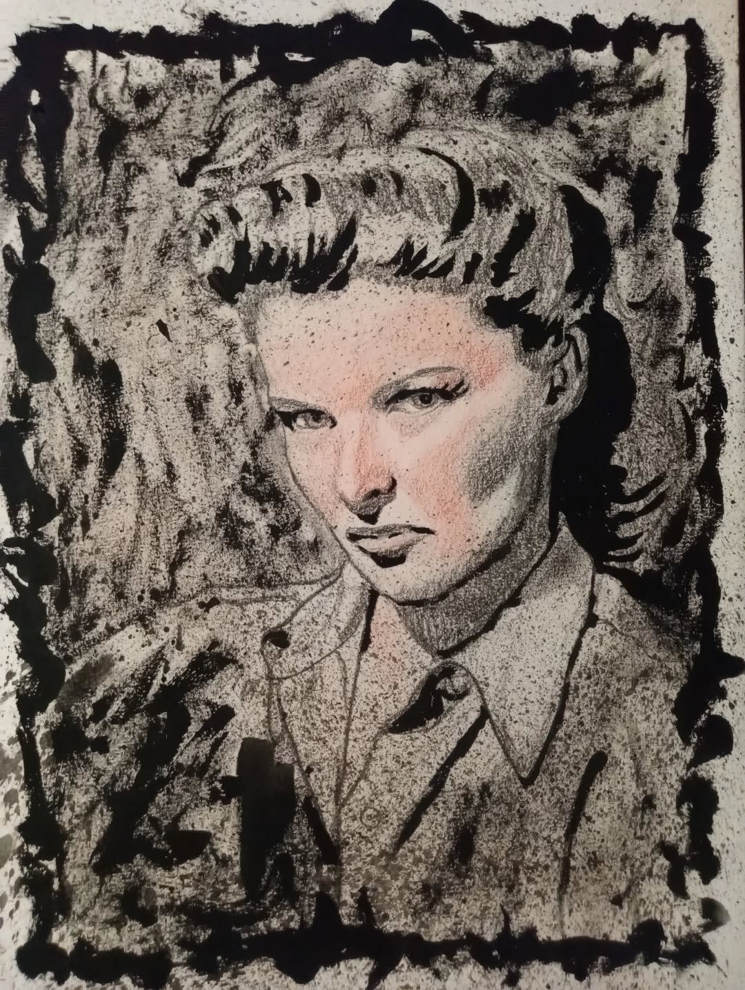 Step 2 of the Katherine Hepburn illustration. Establishing the darkest darks and plenty of texture with black gesso, turning it from a drawing into a painting. A lot of this will be covered up as the painting goes through the color layering process, 