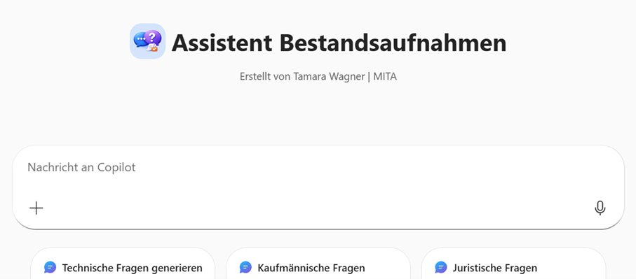 Screenshot. Assistent Bestandsaufnahme als neuer Chat mit möglichen Anweisungen im unteren Teil zur Auswahl.
