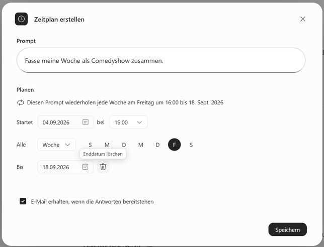 Screenshot: Zeitplan des wiederkehrenden Prompts einrichten inkl. Enddatum und Option der E-Mail-Benachrichtigung