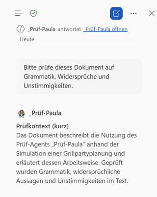 Screenshot: Prompt und erste Schritte des Agents direkt in Word