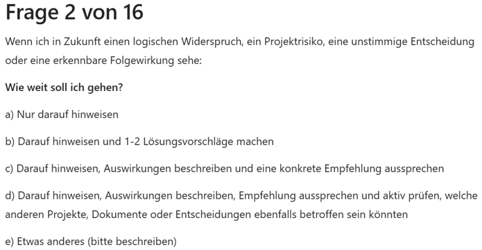 Screenshot mit einer Beispielfrage, die Copilot stellen könnte und verschiedenen Antwortmöglichkeiten