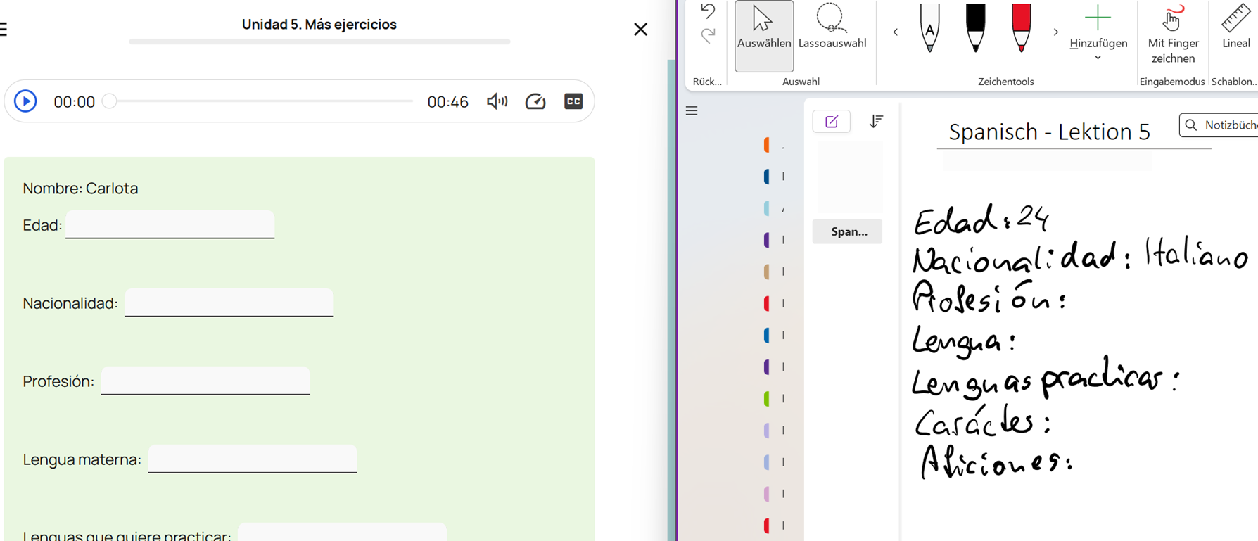 Screenshot mit einer Aufgabe aus dem Lehrbuch links und rechts handschriftlichen Notizen in OneNote
