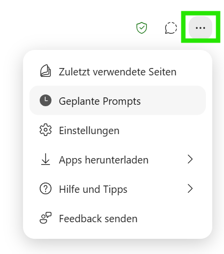 Screenshot: Ellipse (drei Punkte) oben rechts in der Copilot App, um geplante Prompts zu finden