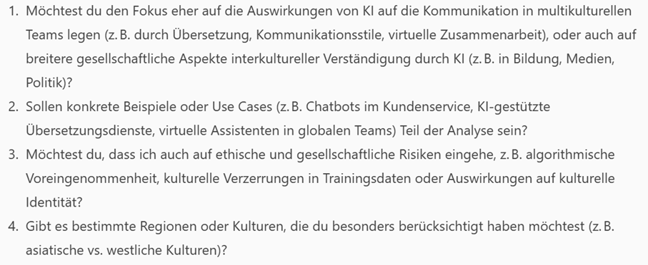 Screenshot. Nachfragen des Recherche-Agenten zur Aufgabe.