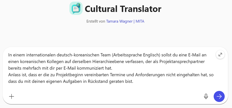 Screenshot der Startseite des Agenten "Cultural Translator" mit dem Text der Aufgabe für die Studierenden im Promptfeld