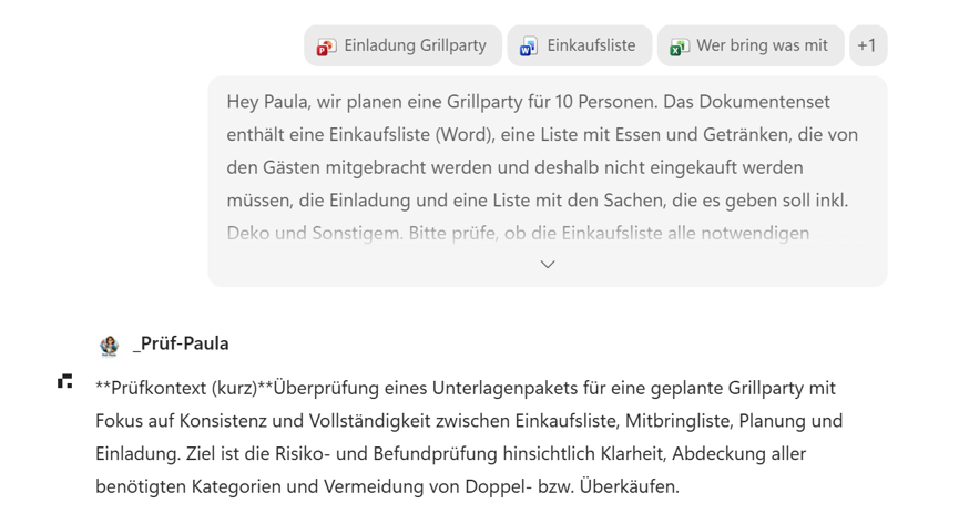 Screenshot: Prompt an Paula in Copilot und den ersten Schritten von Prüf-Paula