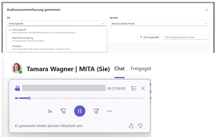 Screenshot: Auswahl von Stil und Sprache für Audiozusammenfassungen in Teams und Darstellung des separaten Ausgabefensters für die Audiozusammenfassung