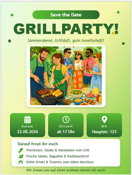 Screenshot: Einladung zur Grillparty als PowerPoint-Folie mit Datum, Uhrzeit, Ort und ein paar Leckereien, die es geben wird