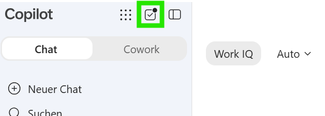 Screenshot: Aufgaben oben links in der Copilot App, um geplante Prompts zu finden