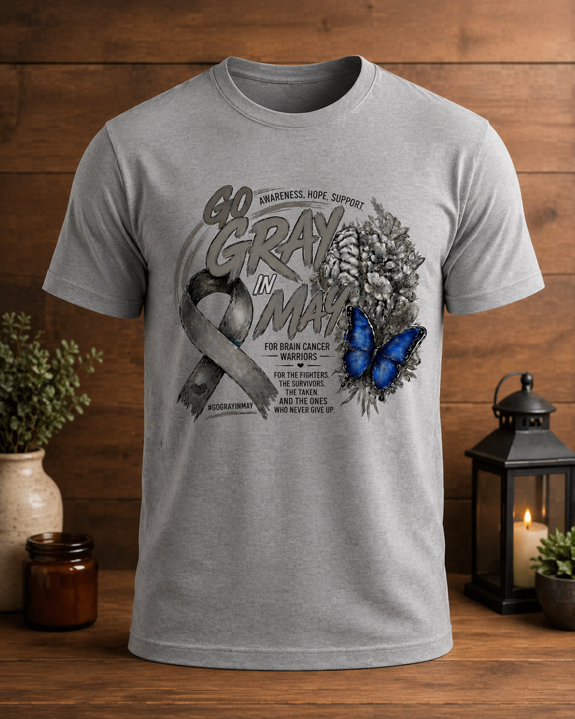 Warrior Butterfly - Go Grey In May - Brain Cancer Awareness T-Shirt