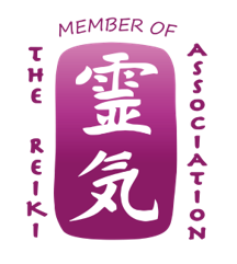 Purple logo with the text 'MEMBER OF THE REIKI ASSOCIATION' curved around a central rectangle. Inside the rectangle are Chinese characters for the Reiki kanji in white.