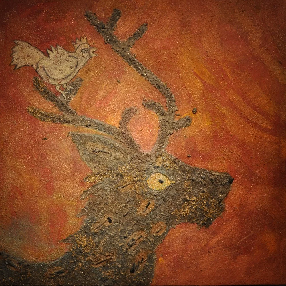 Cerf et Poule, cendres et pigments sur toile, 100 x 100 cm