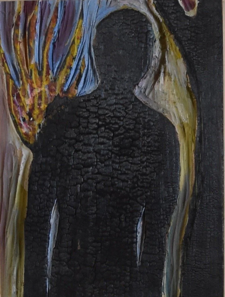 Silhouette Feu n°2 - Gravure sur bois brûlé et peinture