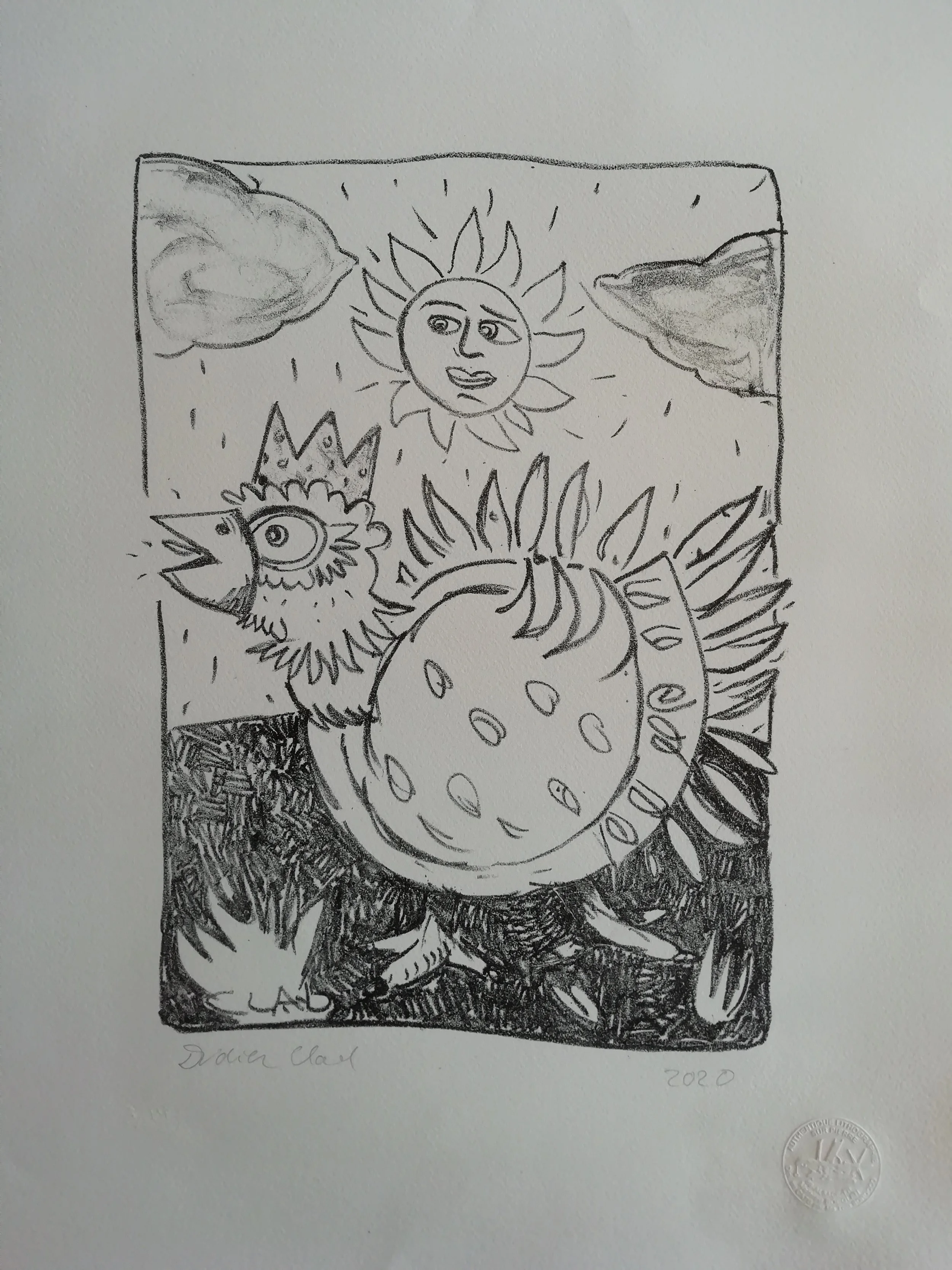 Poule confinée n°1, lithographie