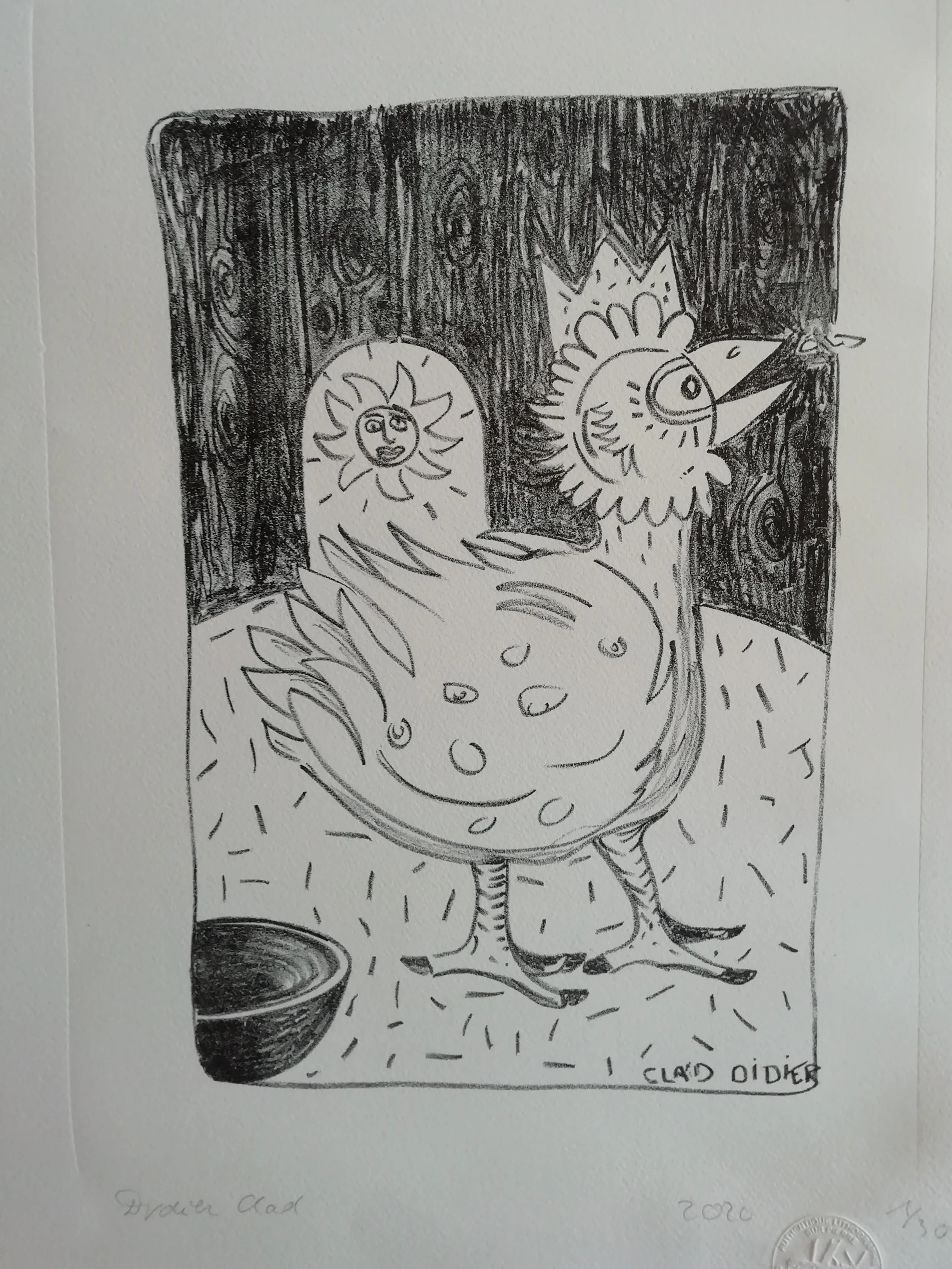 Poule confinée n°2, lithographie
