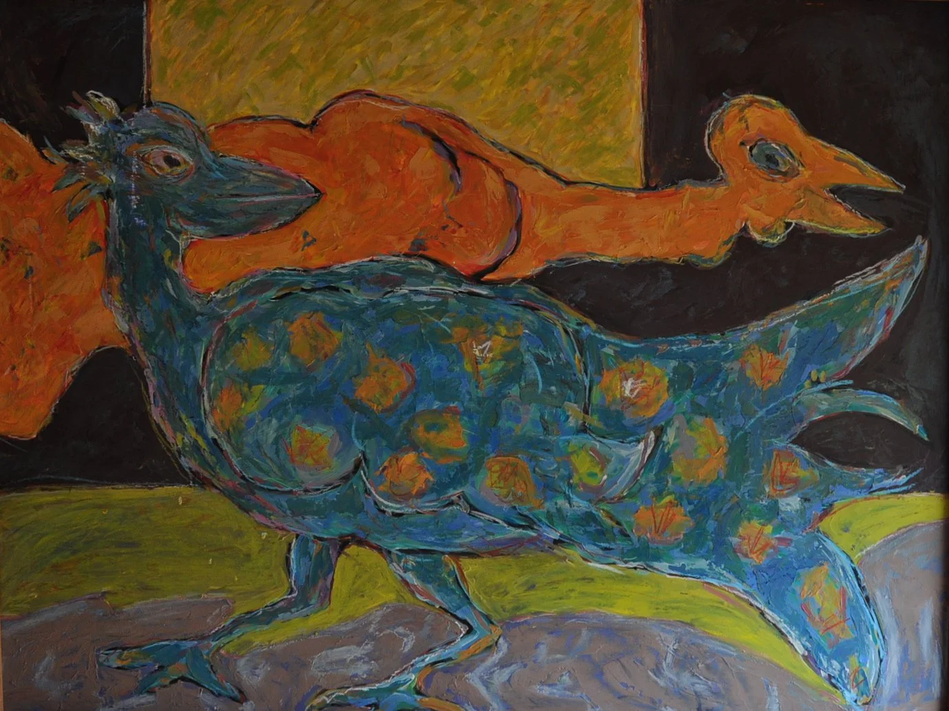 "Deux poules", huile sur toile, 60 x 80 cm