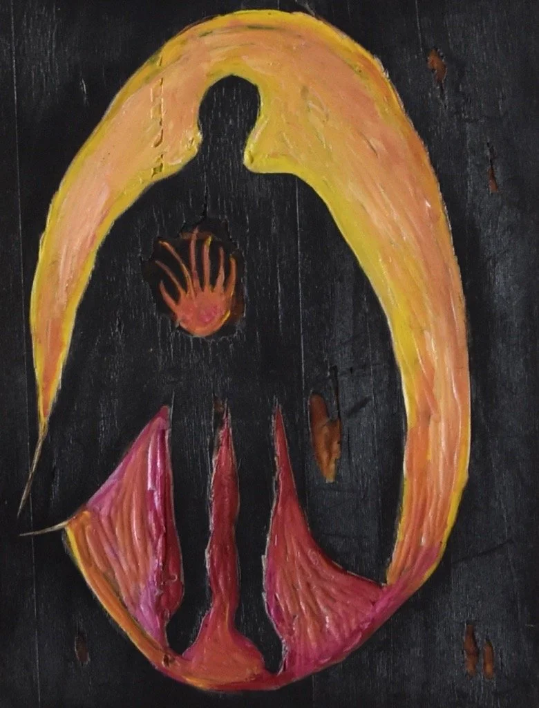 Silhouette Feu n°1 - Gravure sur bois brûlé et peinture
