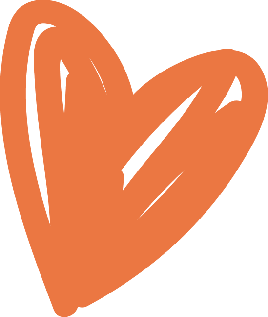 Een grote, oranje, hartvormige tekening met zwarte schetslijnen op een zwarte achtergrond.