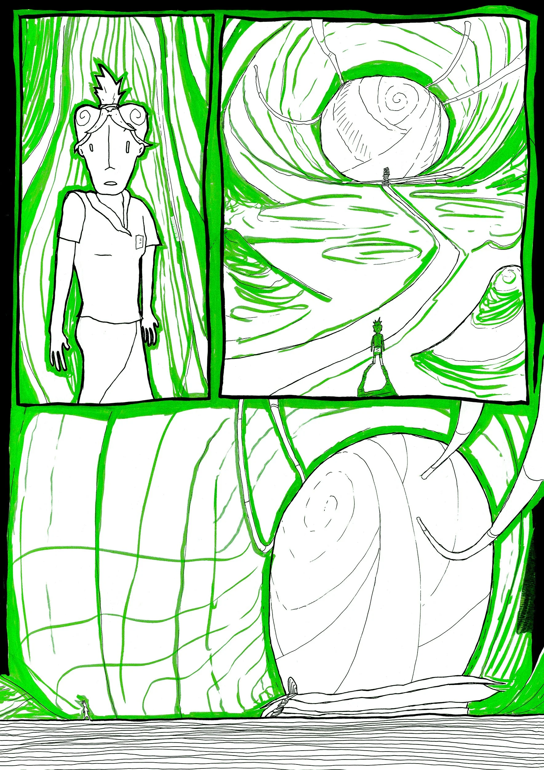 A comic-style drawing featuring a character with spiky hair exploring a surreal, giant yarn-like environment with twisting structures and spiral shapes.