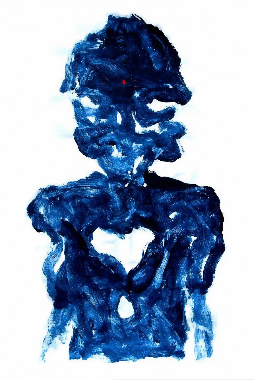 Abstract painting of a blue humanoid figure with a small red dot on its forehead, painted with broad brushstrokes on a white background.