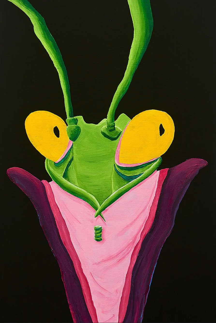 Painted image of a green praying mantis with yellow eyes wearing a pink suit with purple edges against a black background.