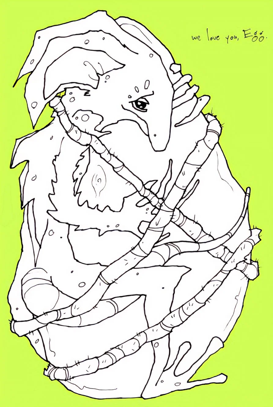 A line drawing of a curled-up creature hugging a giant egg, surrounded by a green background. There is a handwritten note saying, 'we love you, Egg'