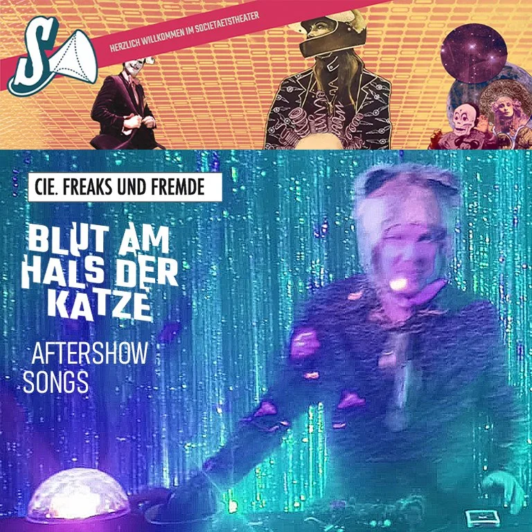 Promotional DJ image for a theatrical show at Societaetstheater titled "Blut am Hals der Katze"