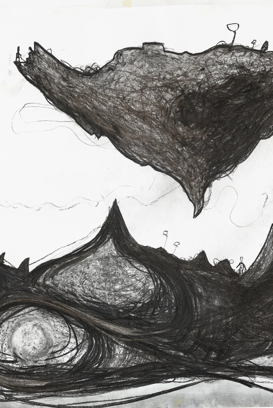 Black and white childlike drawing depicting a scene with large floating landmasses in the sky, a mountain with a pointed peak, and a setting or rising sun in the background with swirling textures and small stick-figure people on the landmasses and mountain.