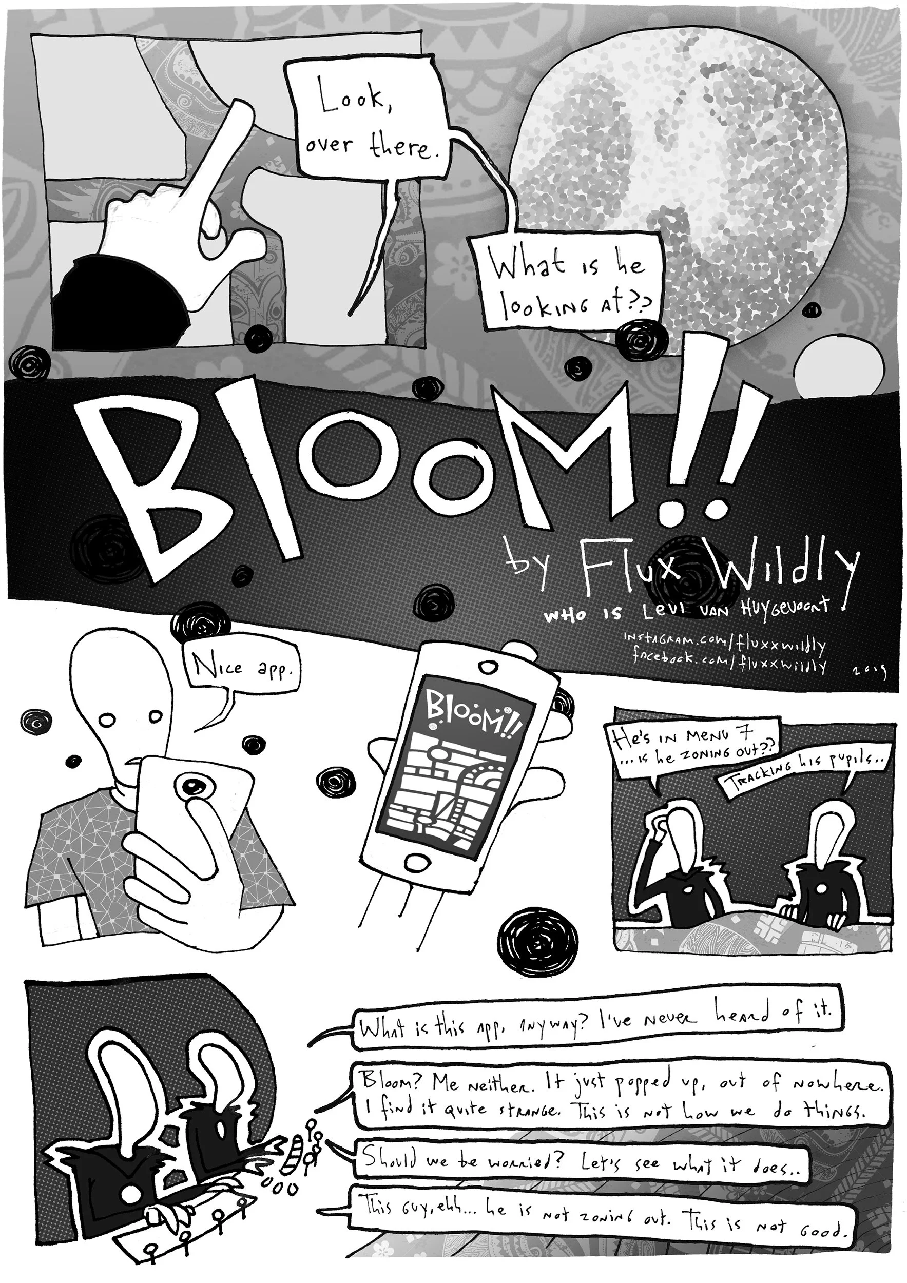 A comic strip titled "Bloom!" by Flux Wildly. Two characters discuss an app's function, unsure about its purpose. They conclude the app popped up unexpectedly and appears strange, and consider whether to disable it.