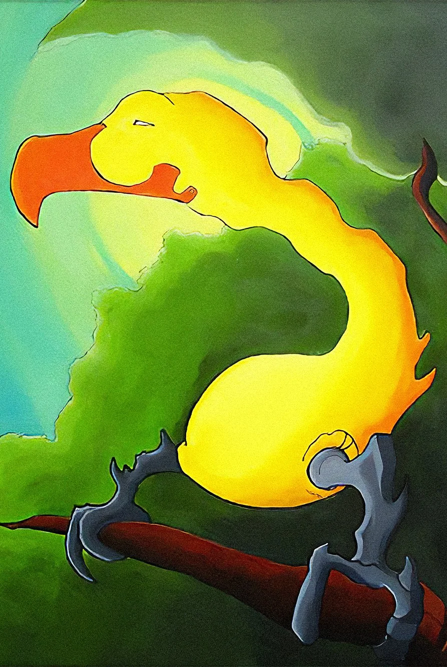 Hand-painted illustration of an otherworldly yellow bird with an orange snout, sitting on a tree branch with large green leaves background.