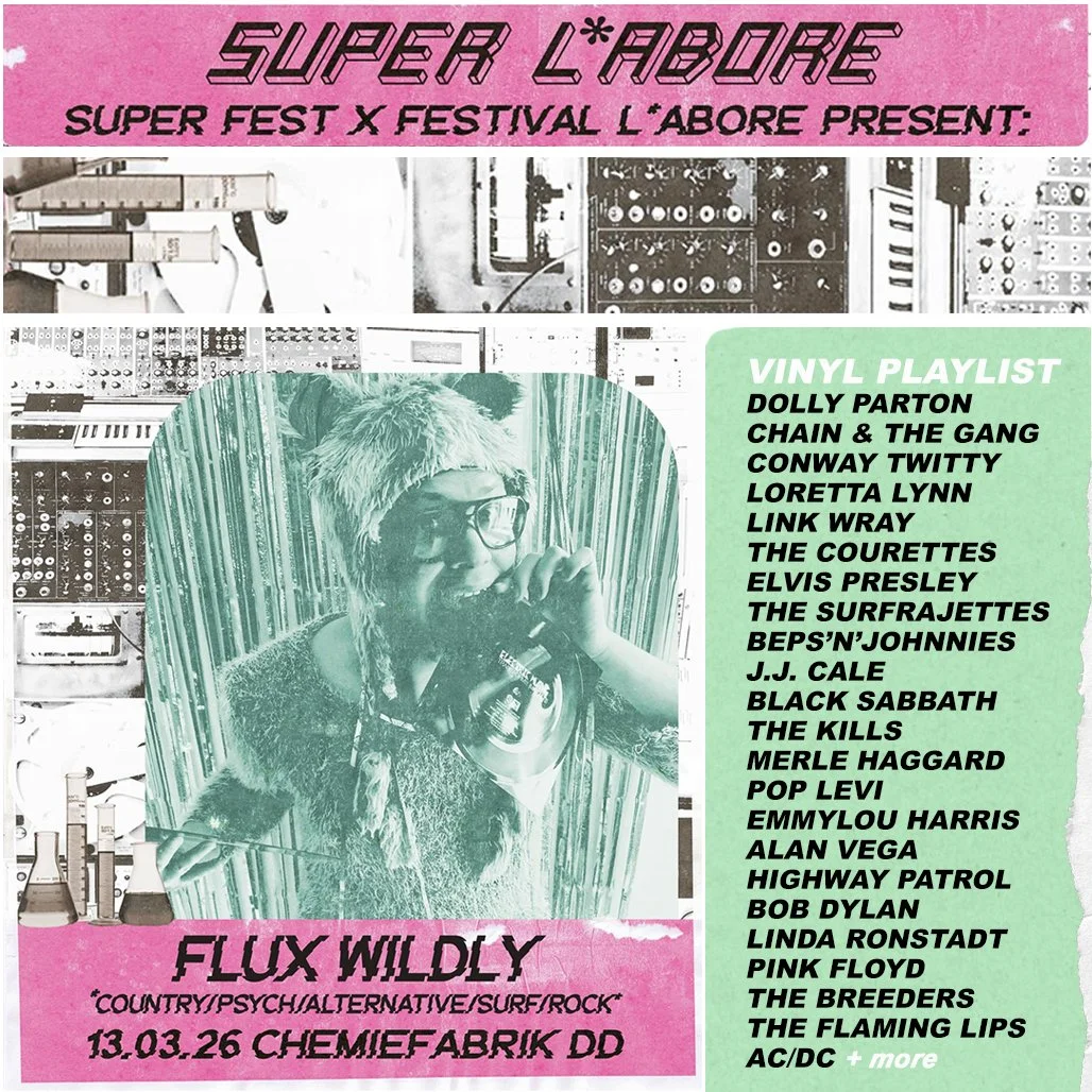 Promotional image for Super L'abore festival with a vinyl playlist featuring various music artists, and an image of a person with yellow glasses and furry hat.