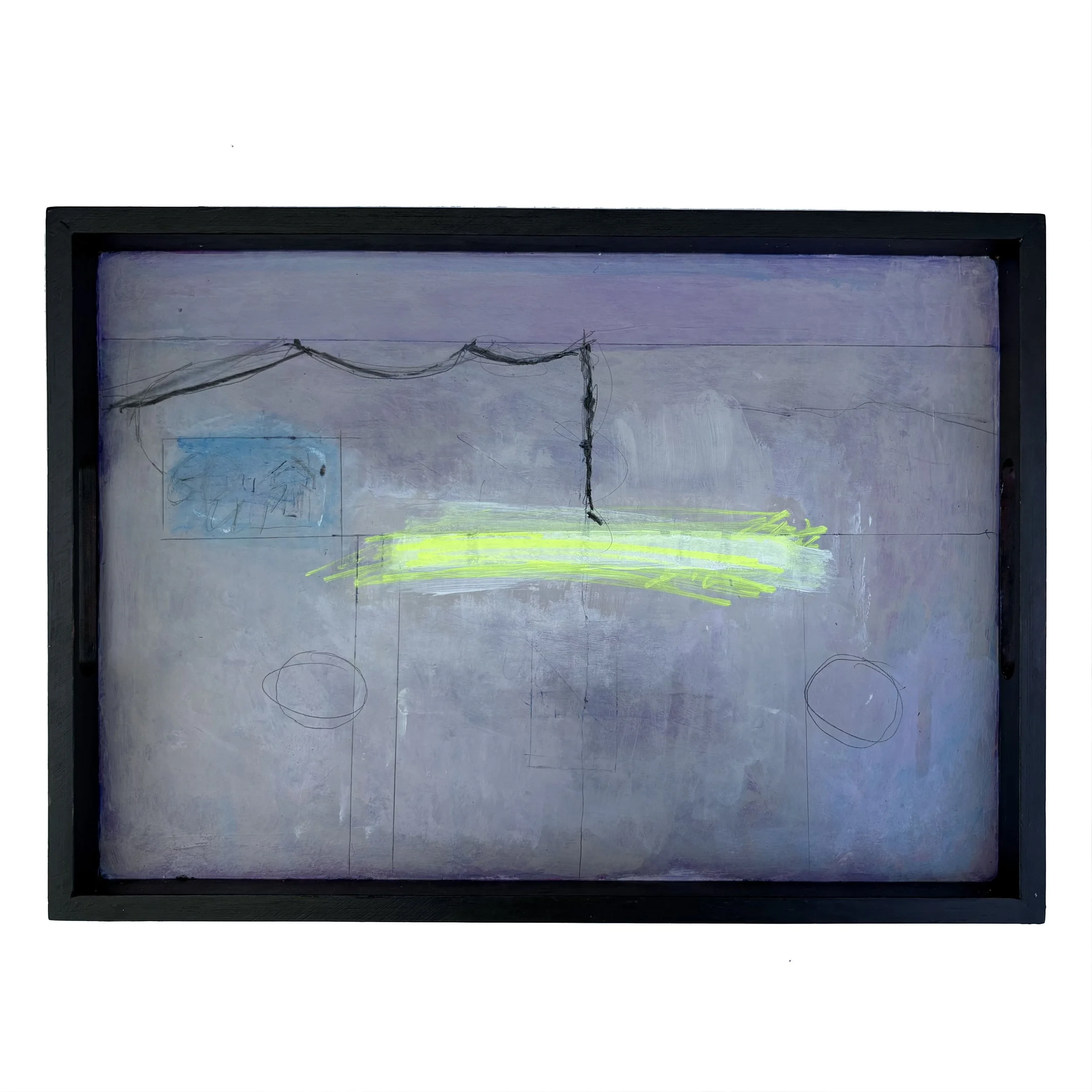 STRIP LIGHT.  2026
Acrylic paint, pencil, charcoal on wooden tray.                                                                        
35cm x 25cm SOLD