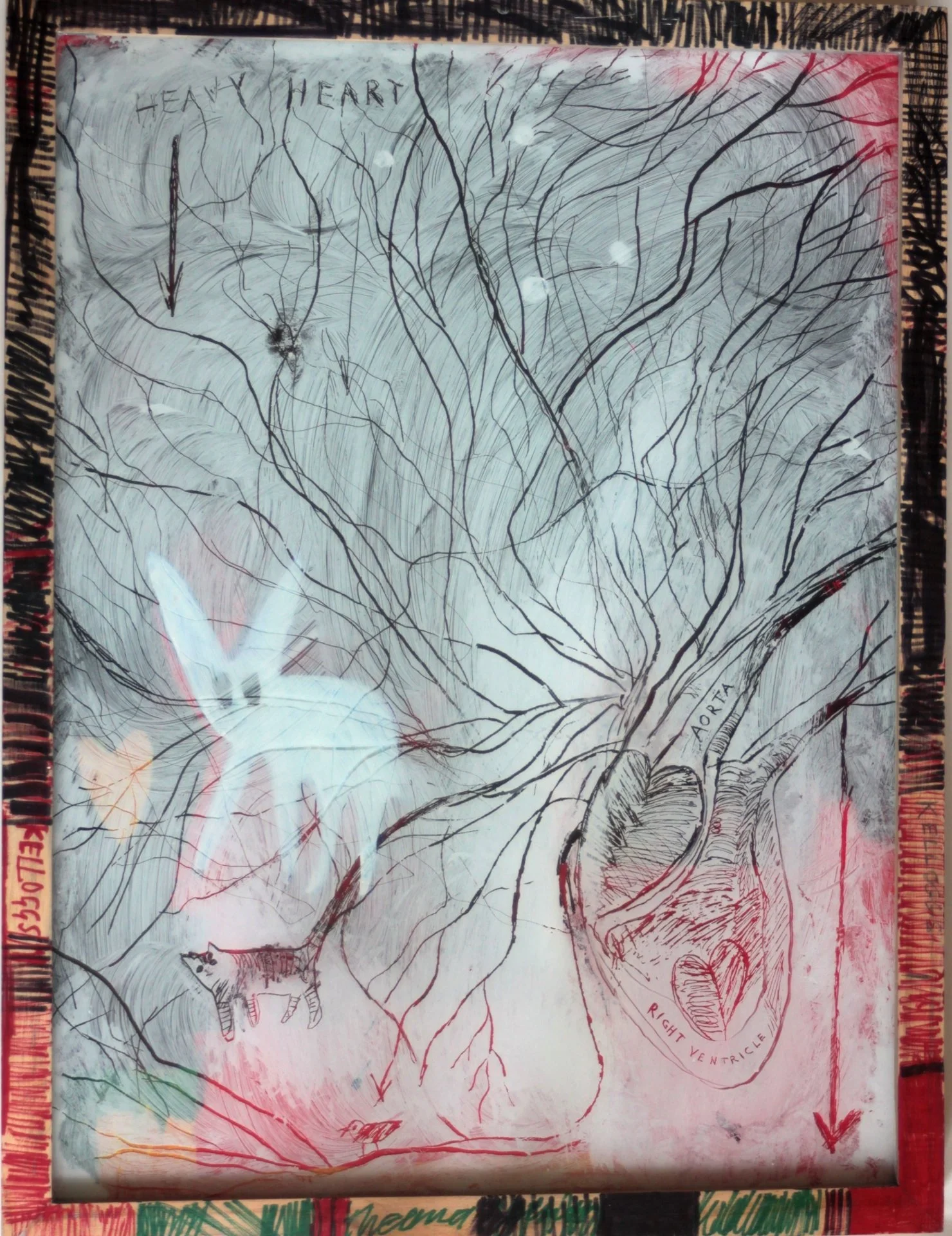 HEAVY HEART. 
Acrylic paint on glass and ink on paper. 
Decorated Frame.
32cm x 42cm   £700.00