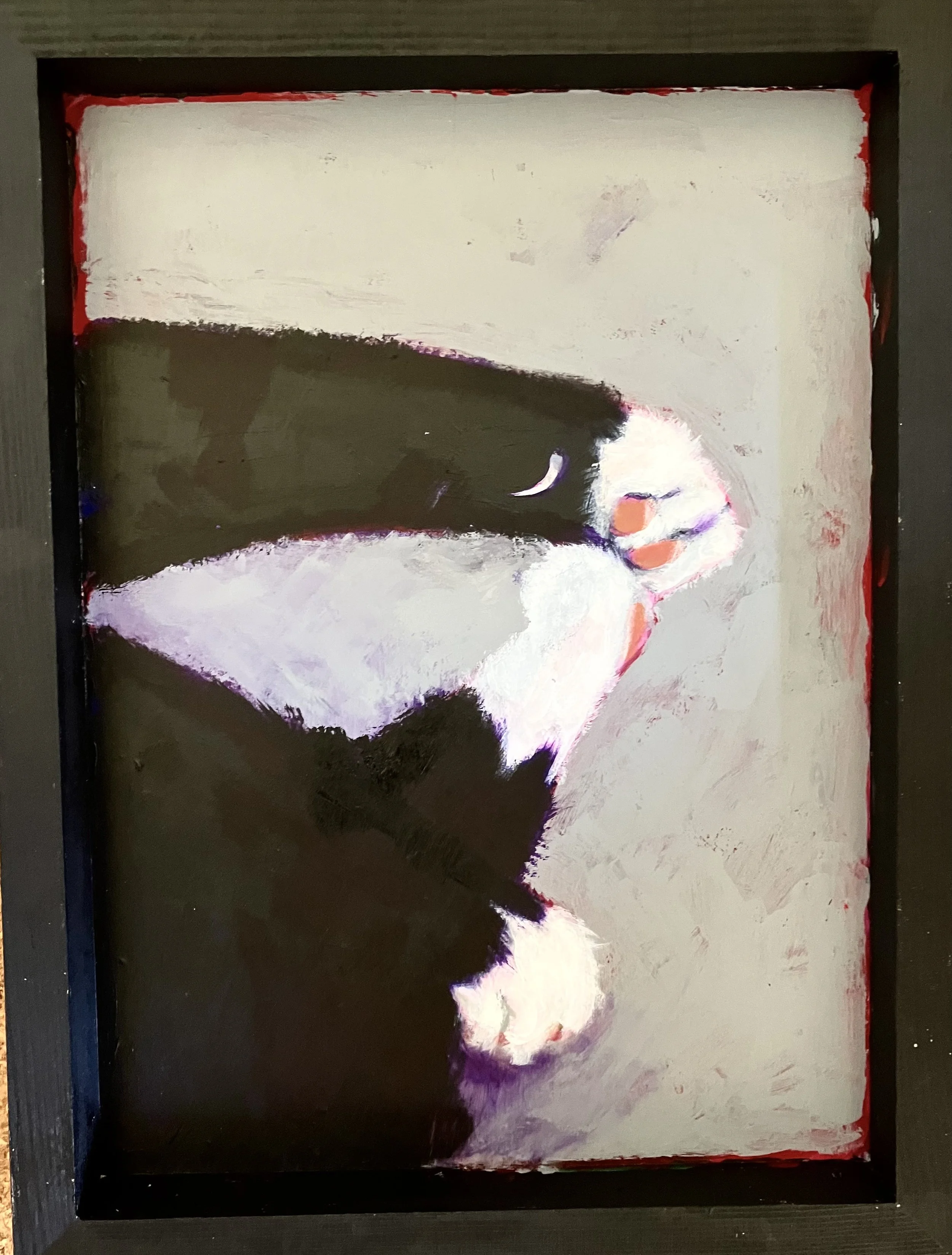 Close-up of a painted portrait showing a woman's face partially covered by crossed arms, with visible lips and a hand with orange nails, in a modern, abstract style.