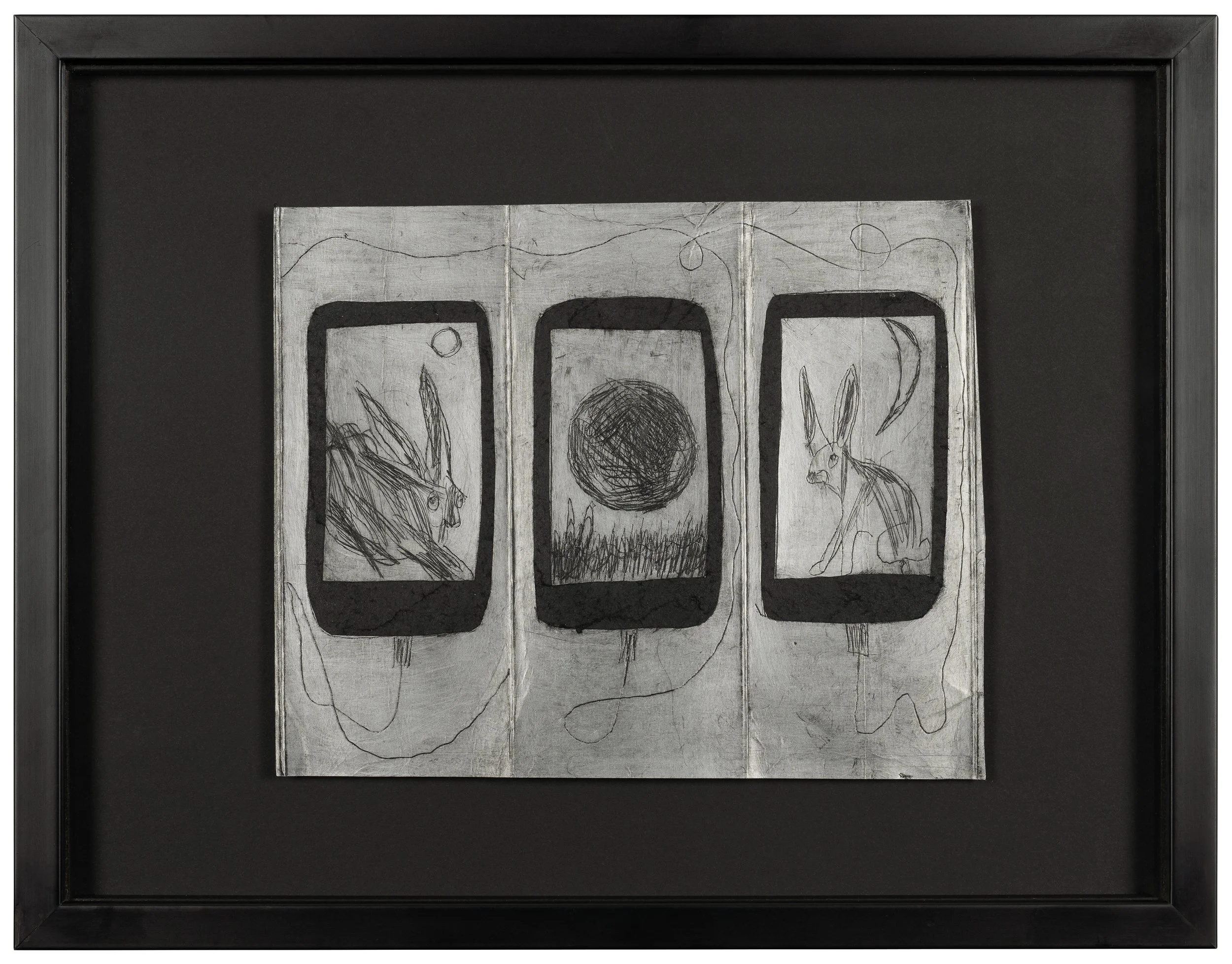 NORFOLK HARES.
Etching ink on Tetra Pak carton. 
37cm x 29cm Framed.  £400.00