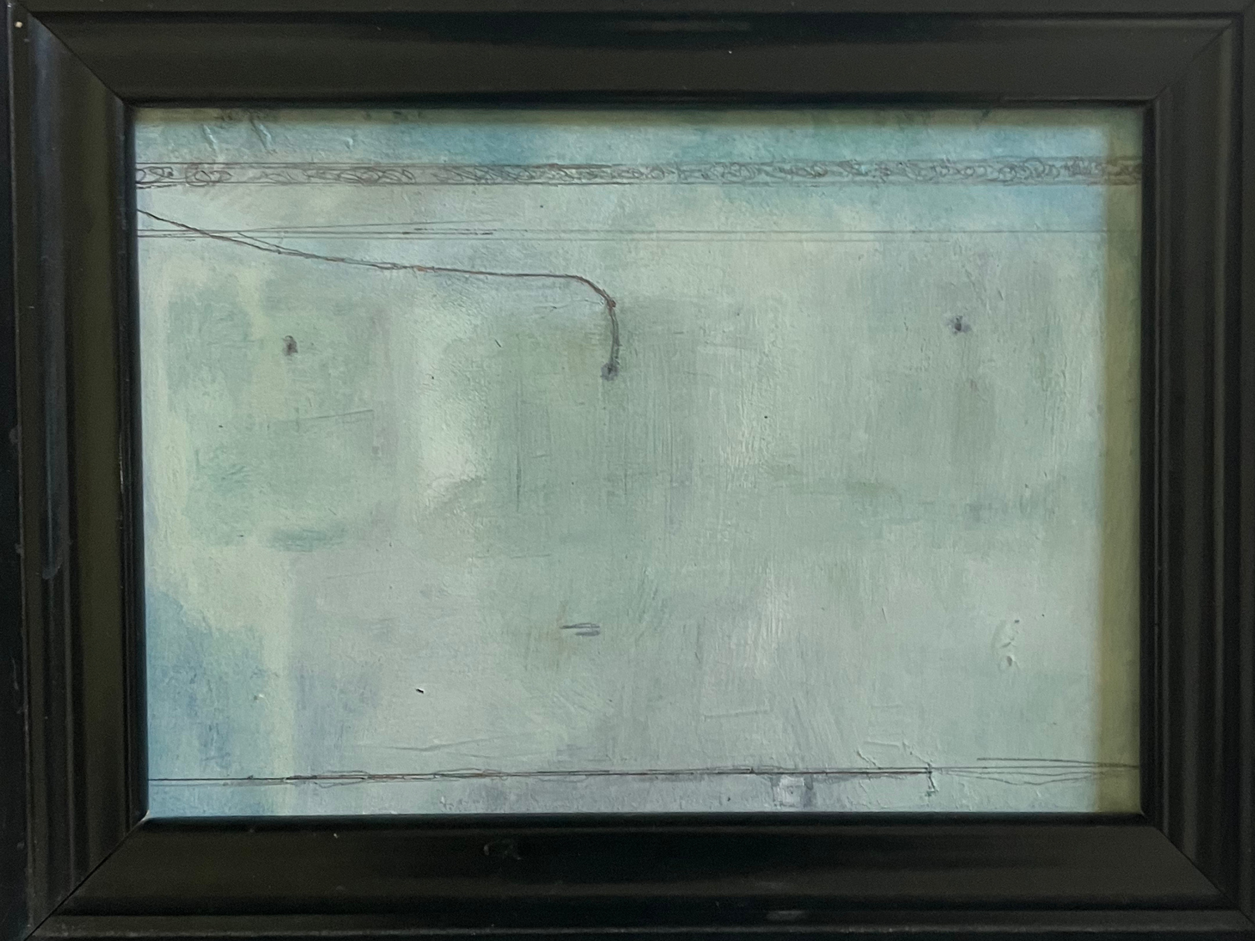 A rectangular window with a black frame and frosted or textured glass, obscuring the view outside.