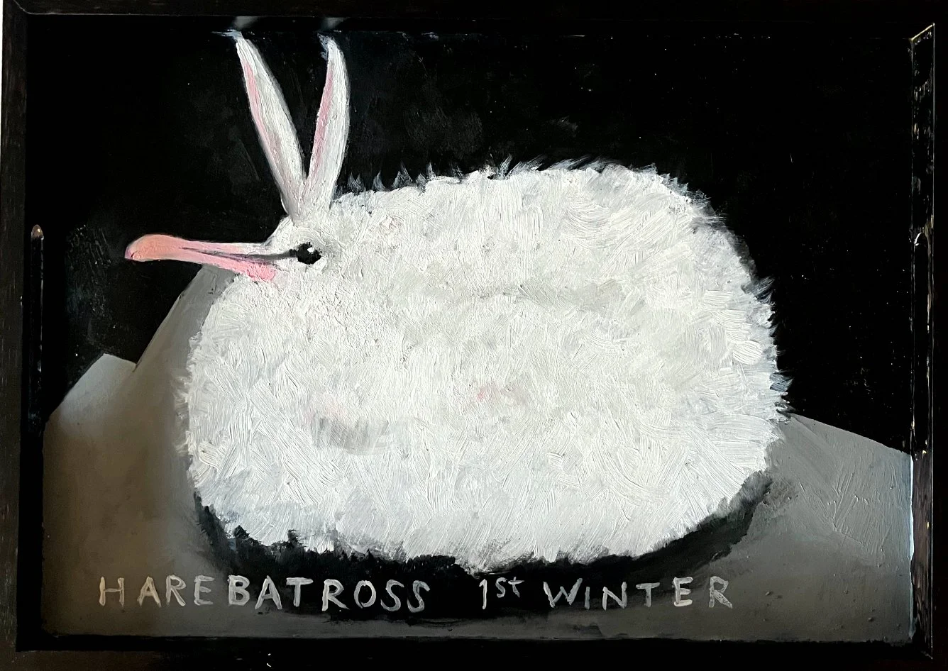 A painting of a white hare with pink ears and a pink nose, sitting on a gray surface against a black background, with the words "HARE BATROSS 1st WINTER" written at the bottom.