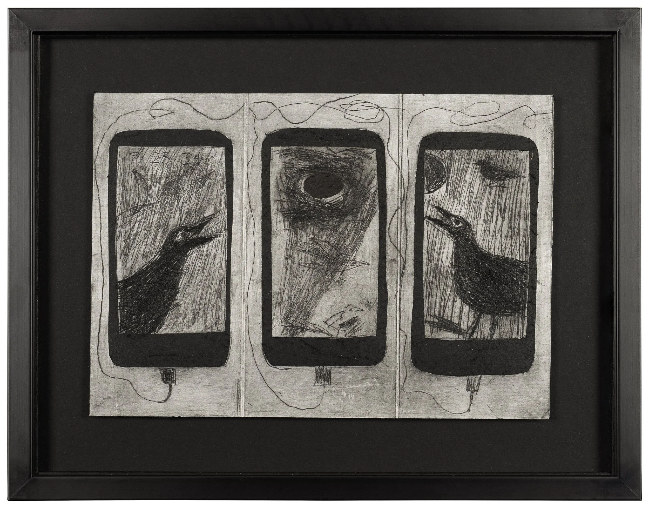 A black and white drawing featuring three smartphones with sketches inside them. The first and third smartphones display birds, while the middle shows an eye with surrounding scribbles and facial features.