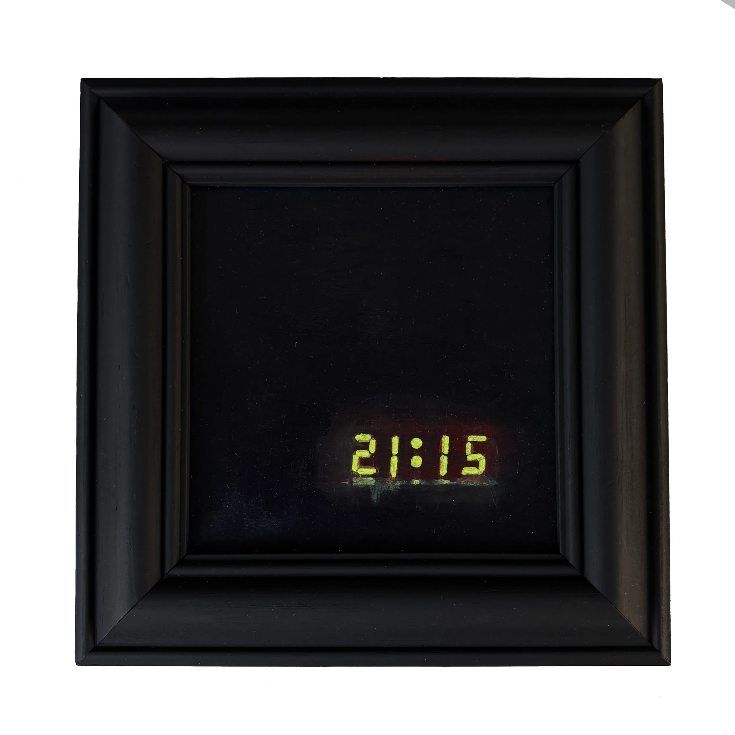 21:15. 2026
Acrylic paint on hardboard. 
Vintage frame
23cm x 23cm £400.00
